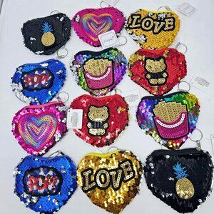 12 Pieces Sequined Coin Purse Holders Keychains Valentine's Heart Shaped